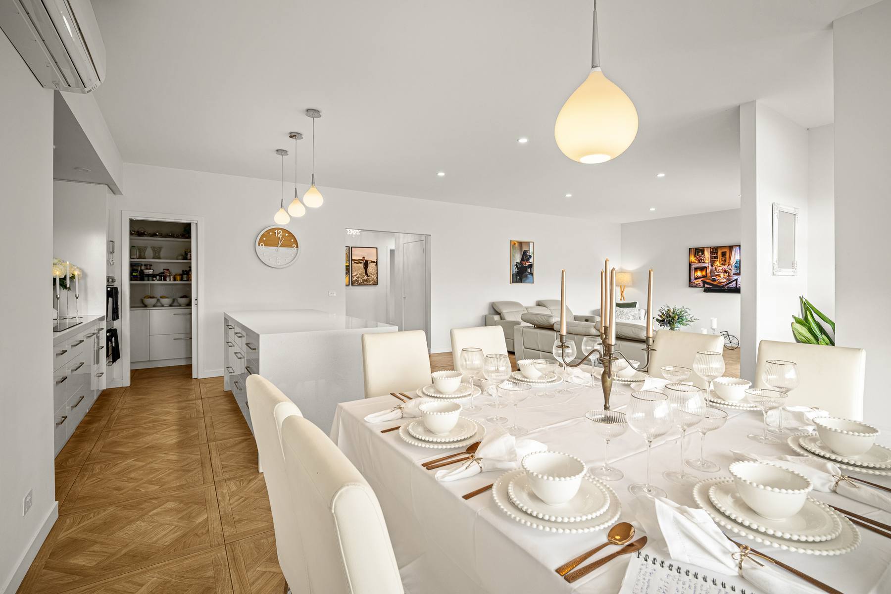 Dining area with pendant lighting